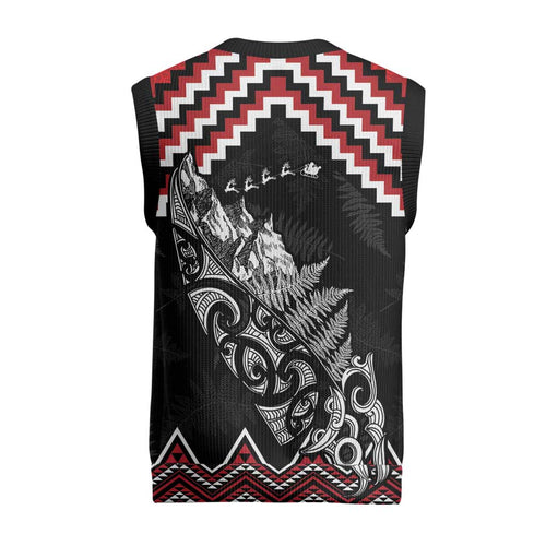 New Zealand Christmas Taniko Poutama Christmas Knitted V-Neck Vest Mountainscape Maori Fern - Aussie Hoodie