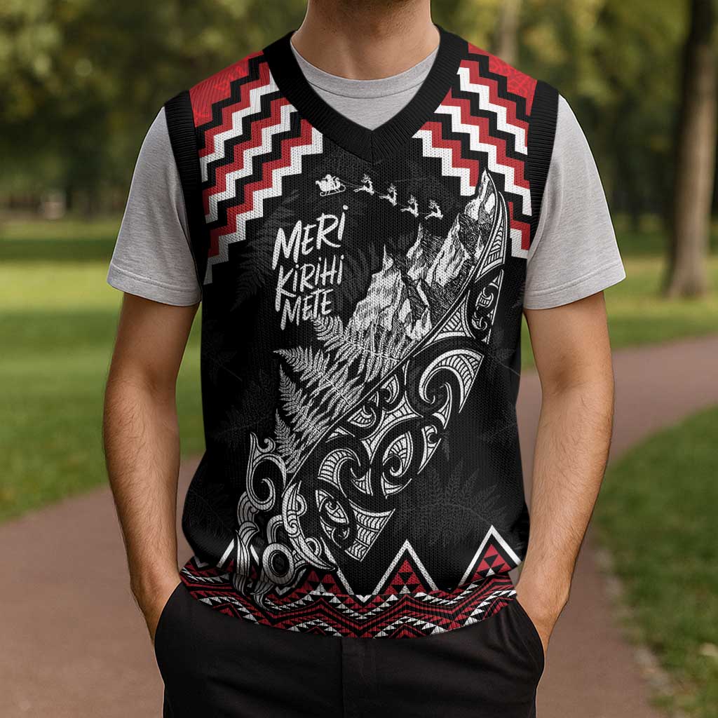 New Zealand Christmas Taniko Poutama Christmas Knitted V-Neck Vest Mountainscape Maori Fern - Aussie Hoodie