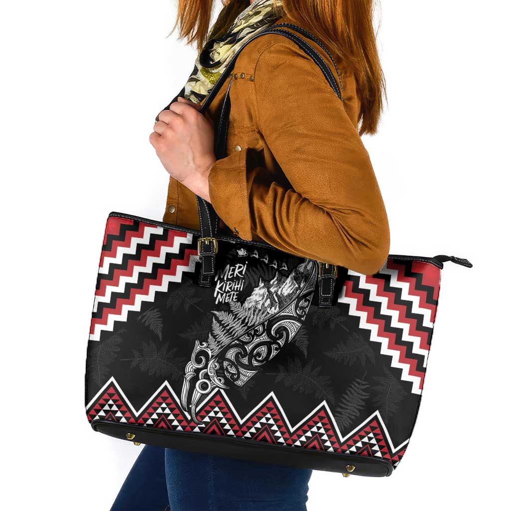 New Zealand Christmas Taniko Poutama Leather Tote Bag Mountainscape Maori Fern - Aussie Hoodie