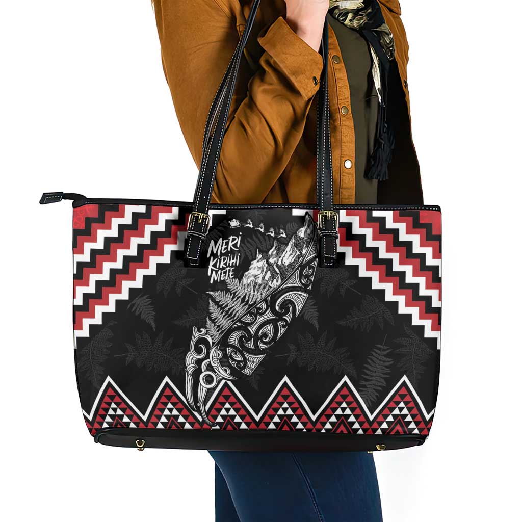 New Zealand Christmas Taniko Poutama Leather Tote Bag Mountainscape Maori Fern - Aussie Hoodie