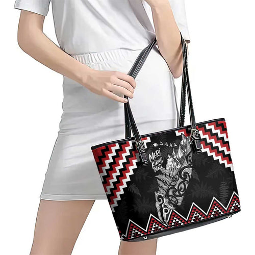 New Zealand Christmas Taniko Poutama Leather Tote Bag Mountainscape Maori Fern - Aussie Hoodie