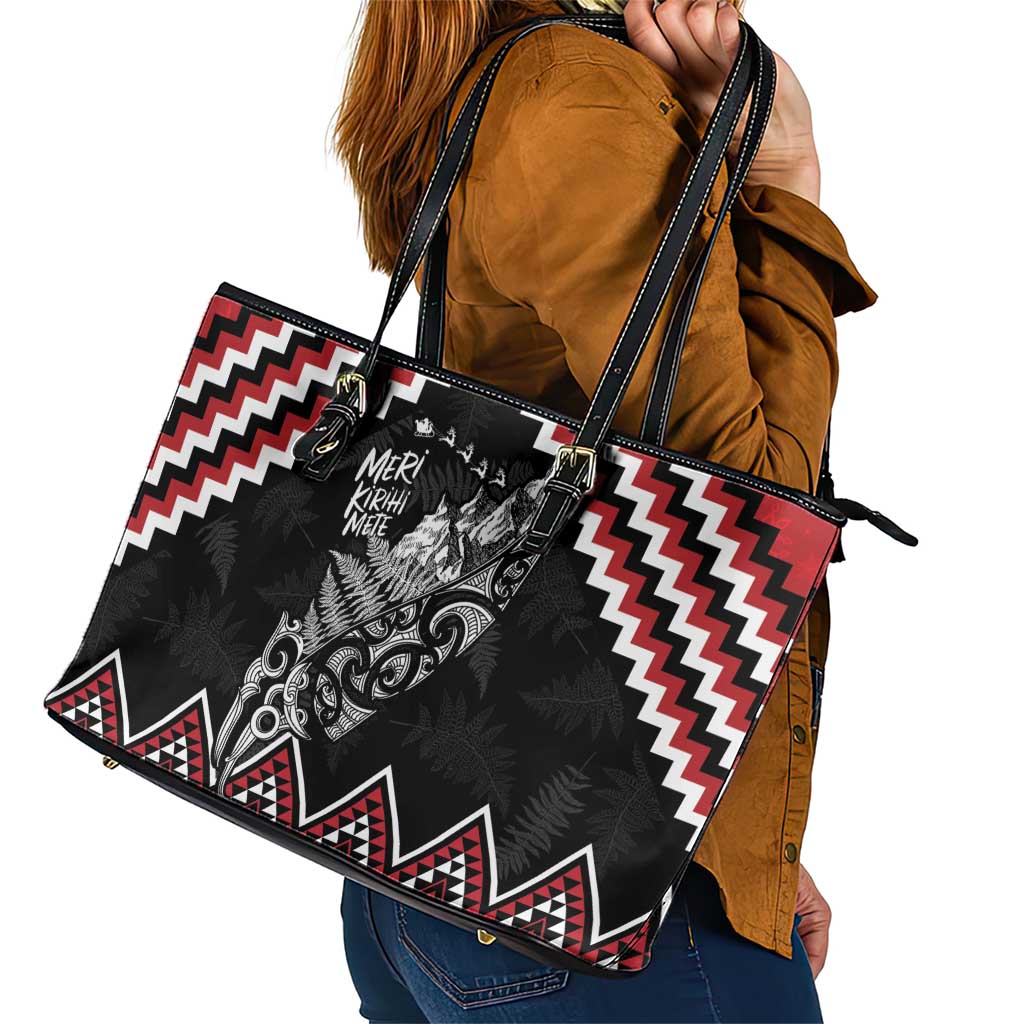 New Zealand Christmas Taniko Poutama Leather Tote Bag Mountainscape Maori Fern - Aussie Hoodie