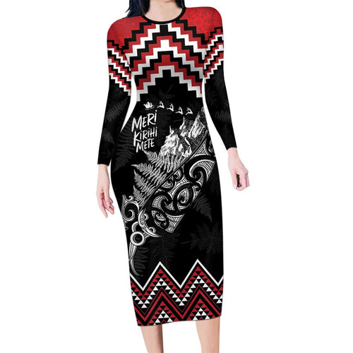 New Zealand Christmas Taniko Poutama Long Sleeve Bodycon Dress Mountainscape Maori Fern - Aussie Hoodie