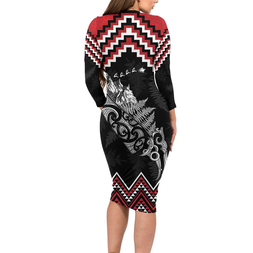 New Zealand Christmas Taniko Poutama Long Sleeve Bodycon Dress Mountainscape Maori Fern - Aussie Hoodie