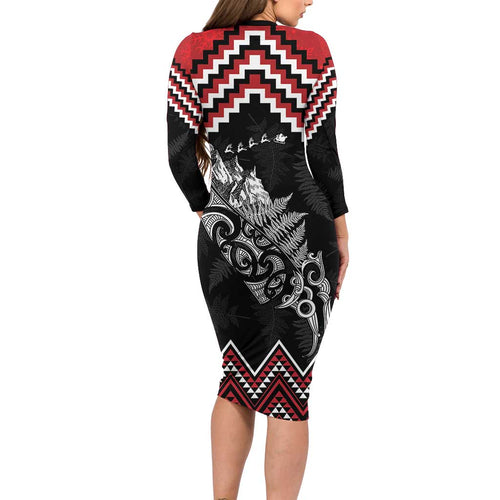 New Zealand Christmas Taniko Poutama Long Sleeve Bodycon Dress Mountainscape Maori Fern - Aussie Hoodie