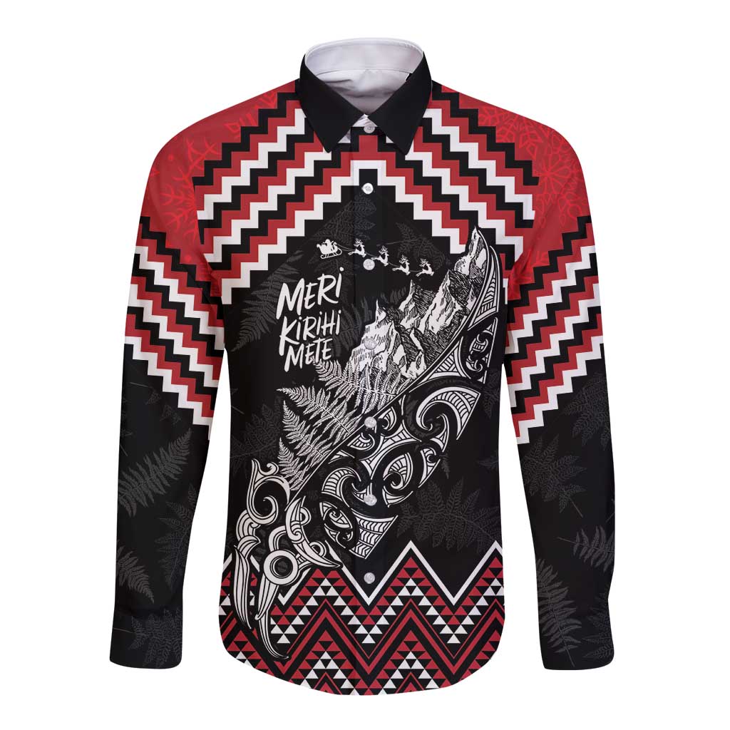 New Zealand Christmas Taniko Poutama Long Sleeve Button Shirt Mountainscape Maori Fern - Aussie Hoodie