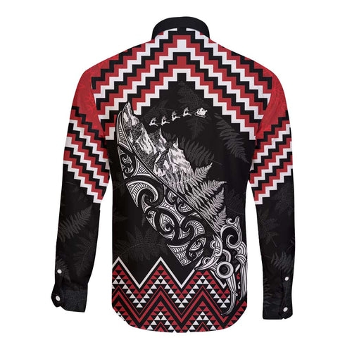 New Zealand Christmas Taniko Poutama Long Sleeve Button Shirt Mountainscape Maori Fern - Aussie Hoodie