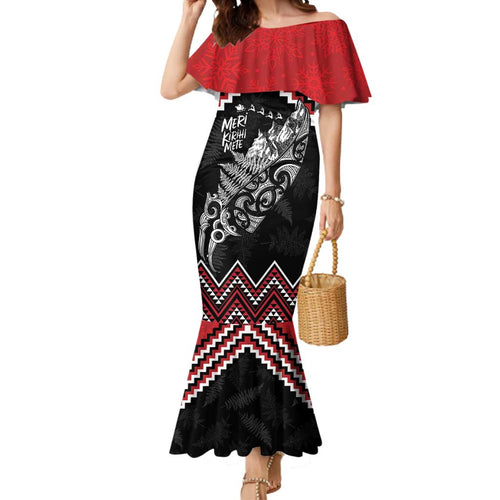 New Zealand Christmas Taniko Poutama Mermaid Dress Mountainscape Maori Fern - Aussie Hoodie