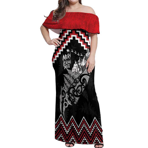 New Zealand Christmas Taniko Poutama Off Shoulder Maxi Dress Mountainscape Maori Fern - Aussie Hoodie