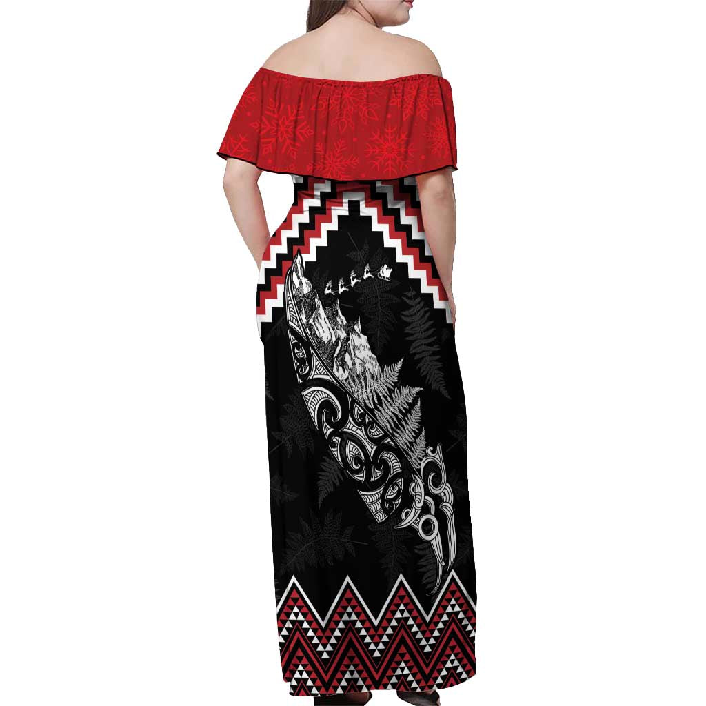 New Zealand Christmas Taniko Poutama Off Shoulder Maxi Dress Mountainscape Maori Fern - Aussie Hoodie