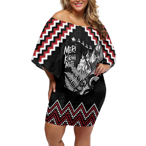 New Zealand Christmas Taniko Poutama Off Shoulder Short Dress Mountainscape Maori Fern - Aussie Hoodie