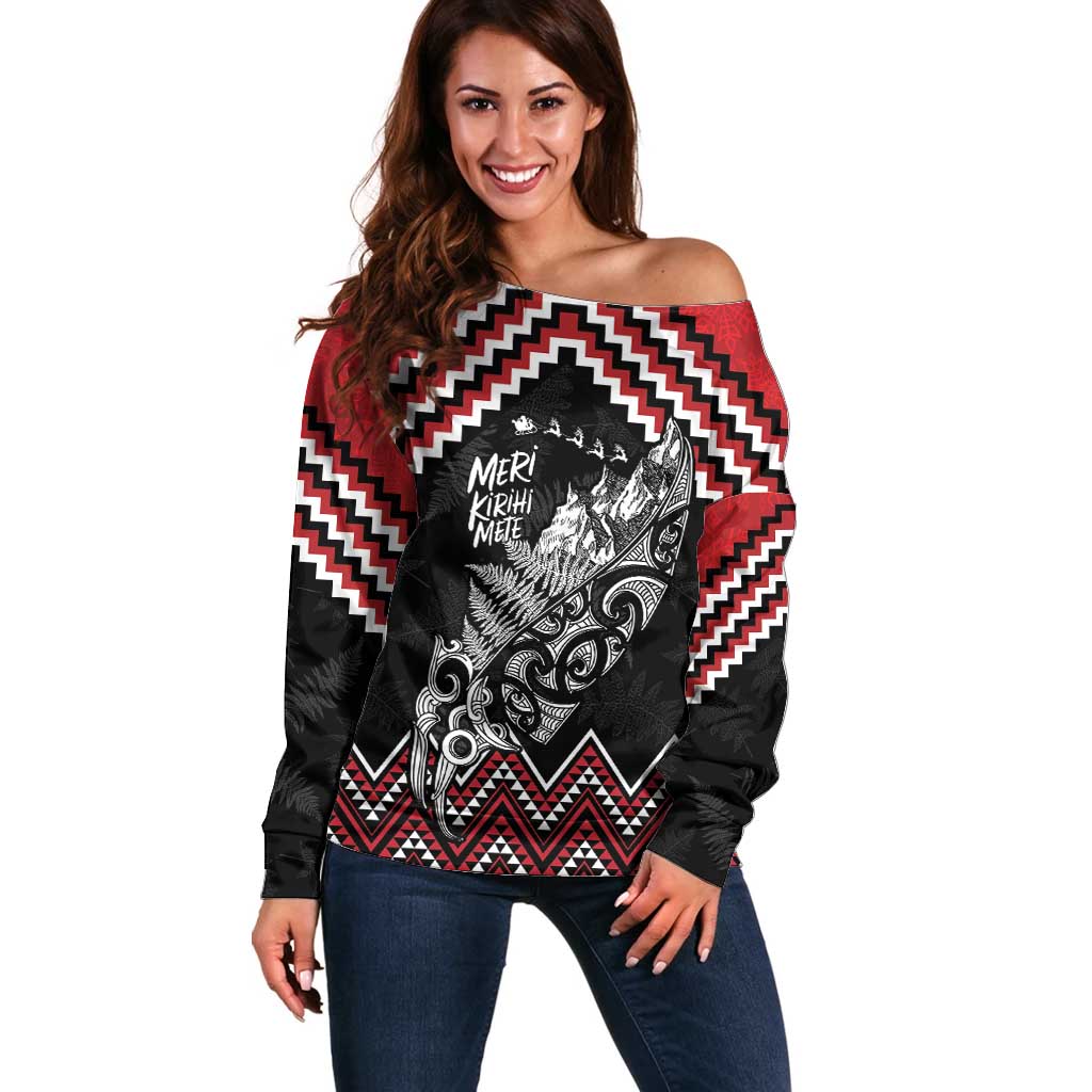 New Zealand Christmas Taniko Poutama Off Shoulder Sweater Mountainscape Maori Fern - Aussie Hoodie
