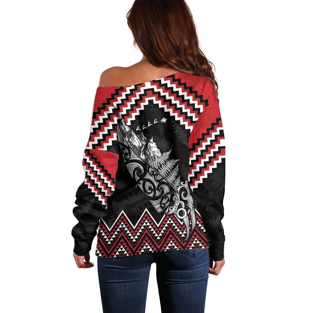 New Zealand Christmas Taniko Poutama Off Shoulder Sweater Mountainscape Maori Fern - Aussie Hoodie