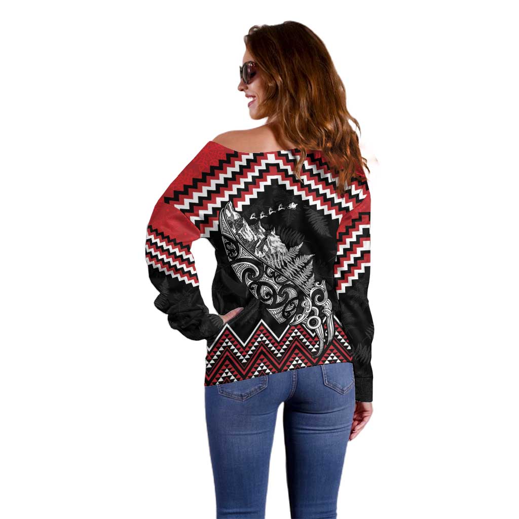 New Zealand Christmas Taniko Poutama Off Shoulder Sweater Mountainscape Maori Fern - Aussie Hoodie