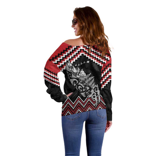 New Zealand Christmas Taniko Poutama Off Shoulder Sweater Mountainscape Maori Fern - Aussie Hoodie