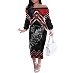 New Zealand Christmas Taniko Poutama Off The Shoulder Long Sleeve Dress Mountainscape Maori Fern - Aussie Hoodie