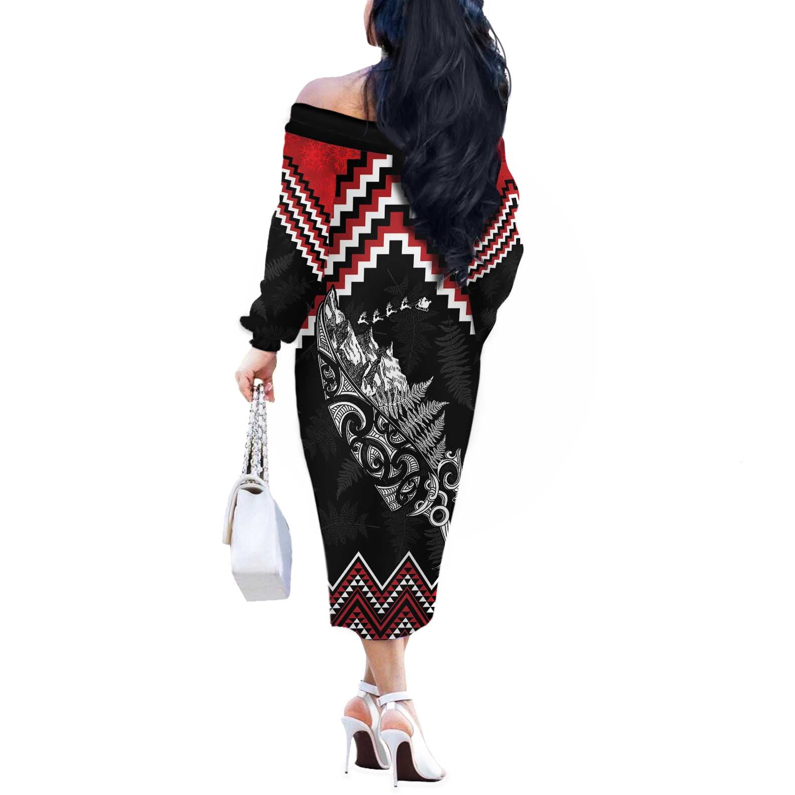 New Zealand Christmas Taniko Poutama Off The Shoulder Long Sleeve Dress Mountainscape Maori Fern - Aussie Hoodie
