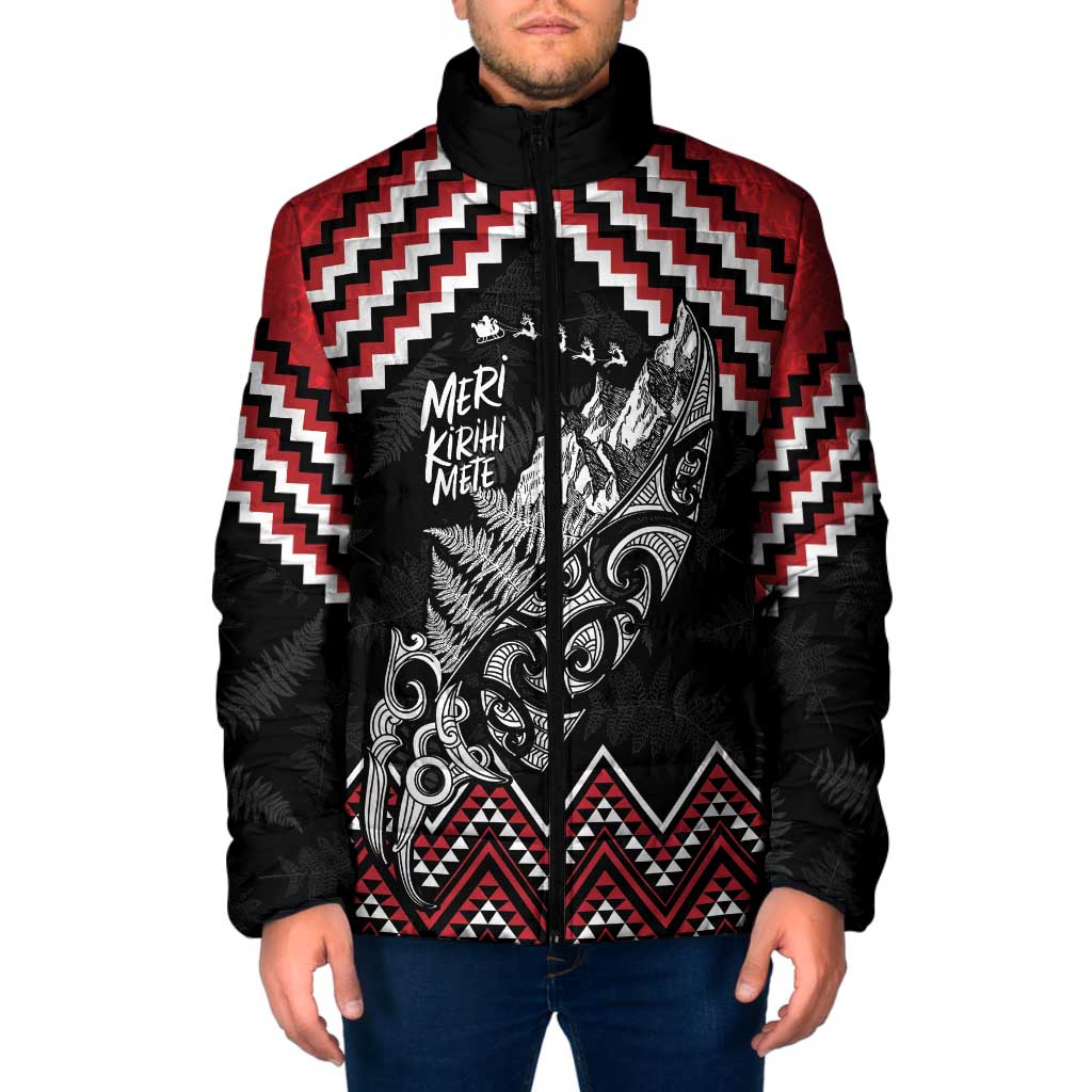 New Zealand Christmas Taniko Poutama Padded Jacket Mountainscape Maori Fern - Aussie Hoodie