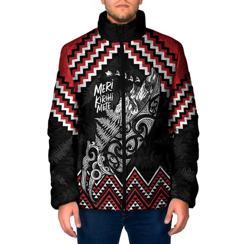 New Zealand Christmas Taniko Poutama Padded Jacket Mountainscape Maori Fern - Aussie Hoodie