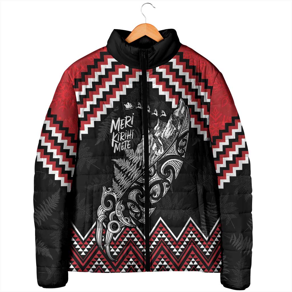 New Zealand Christmas Taniko Poutama Padded Jacket Mountainscape Maori Fern - Aussie Hoodie