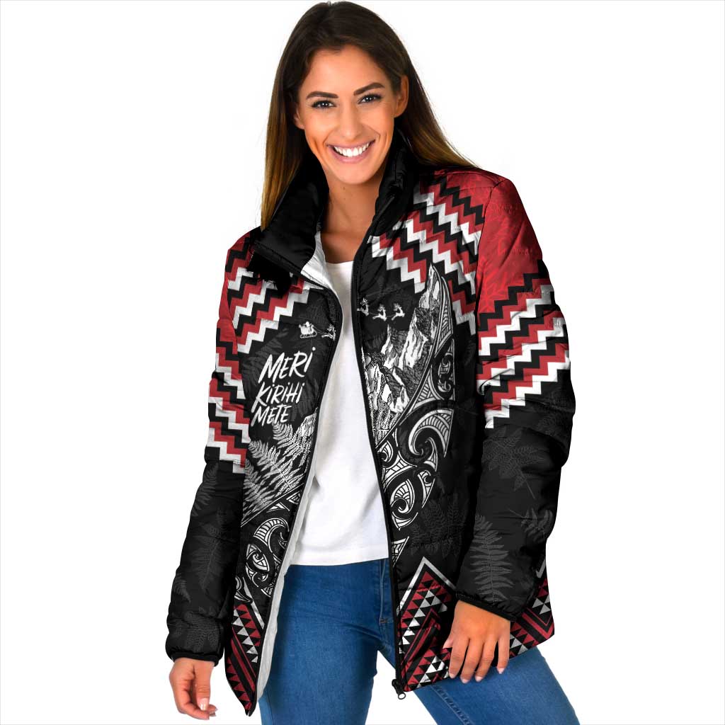 New Zealand Christmas Taniko Poutama Padded Jacket Mountainscape Maori Fern - Aussie Hoodie