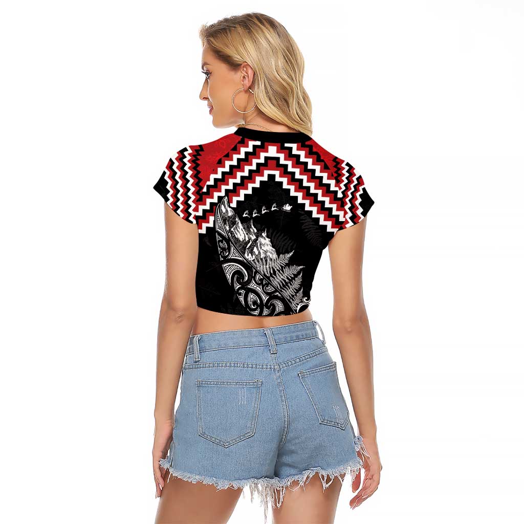 New Zealand Christmas Taniko Poutama Raglan Cropped T Shirt Mountainscape Maori Fern - Aussie Hoodie