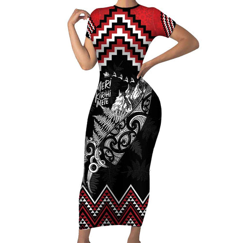 New Zealand Christmas Taniko Poutama Short Sleeve Bodycon Dress Mountainscape Maori Fern - Aussie Hoodie