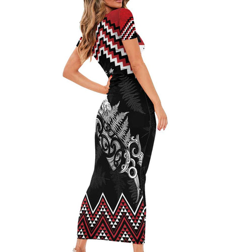 New Zealand Christmas Taniko Poutama Short Sleeve Bodycon Dress Mountainscape Maori Fern - Aussie Hoodie