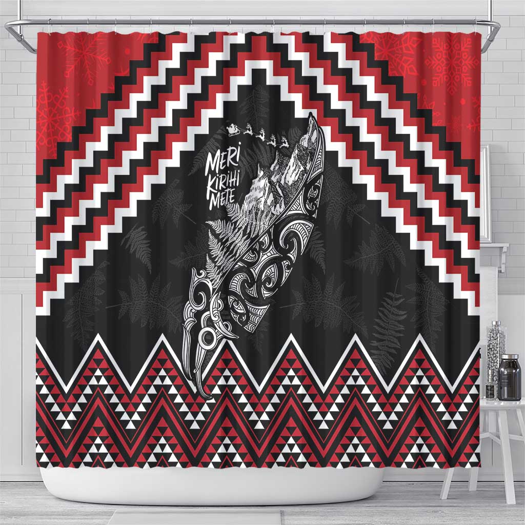 New Zealand Christmas Taniko Poutama Shower Curtain Mountainscape Maori Fern - Aussie Hoodie
