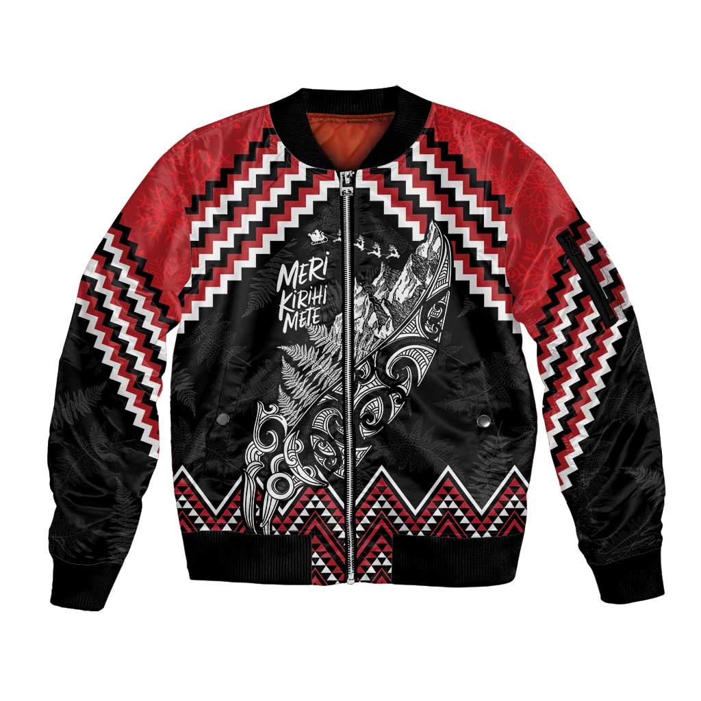 New Zealand Christmas Taniko Poutama Sleeve Zip Bomber Jacket Mountainscape Maori Fern - Aussie Hoodie