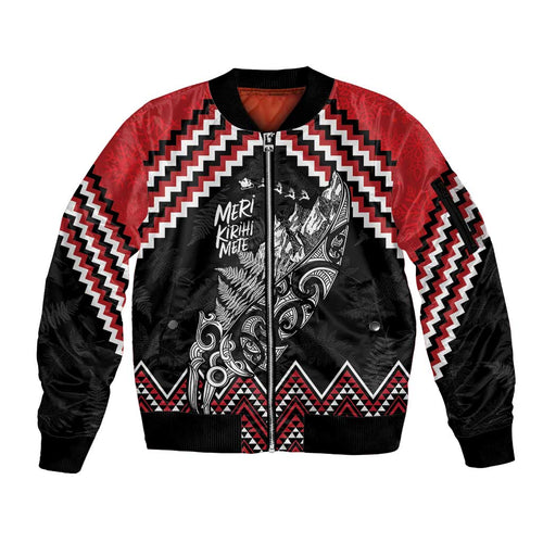 New Zealand Christmas Taniko Poutama Sleeve Zip Bomber Jacket Mountainscape Maori Fern - Aussie Hoodie