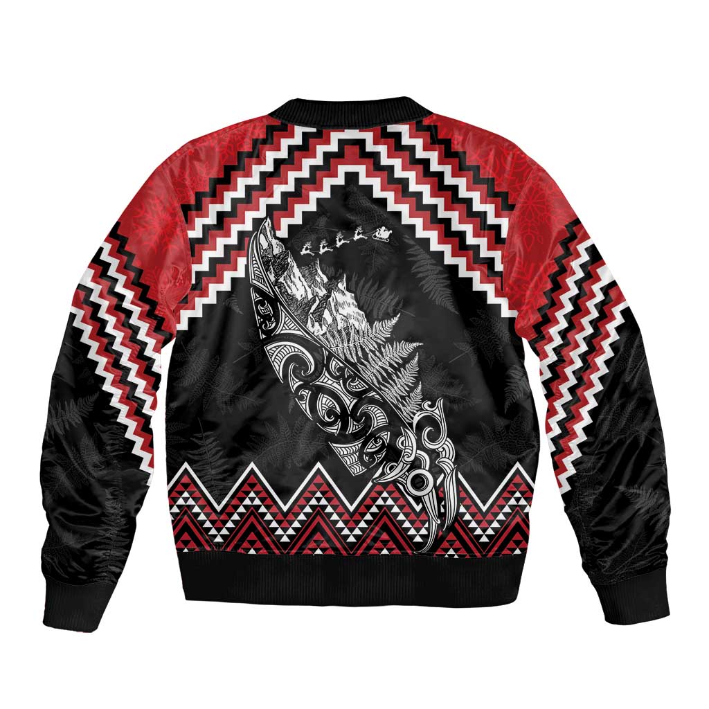 New Zealand Christmas Taniko Poutama Sleeve Zip Bomber Jacket Mountainscape Maori Fern - Aussie Hoodie