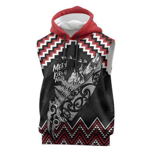 New Zealand Christmas Taniko Poutama Sleeveless Hoodie Mountainscape Maori Fern - Aussie Hoodie