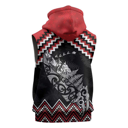 New Zealand Christmas Taniko Poutama Sleeveless Hoodie Mountainscape Maori Fern - Aussie Hoodie
