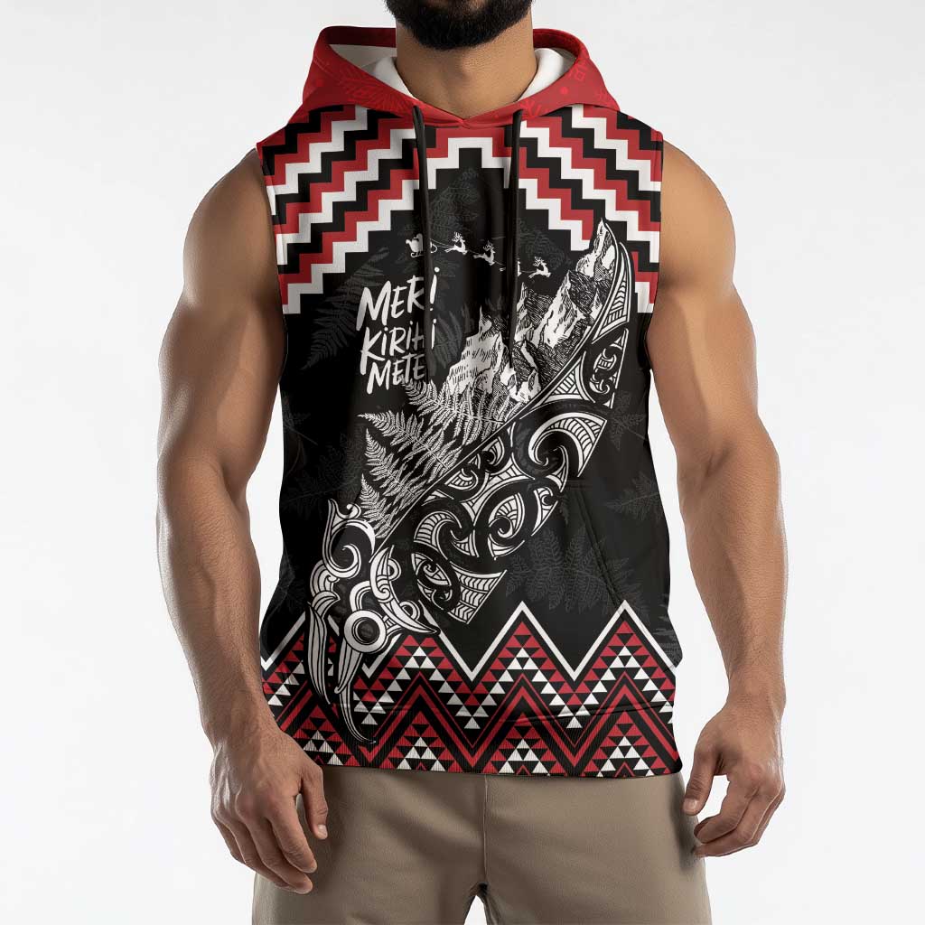 New Zealand Christmas Taniko Poutama Sleeveless Hoodie Mountainscape Maori Fern - Aussie Hoodie