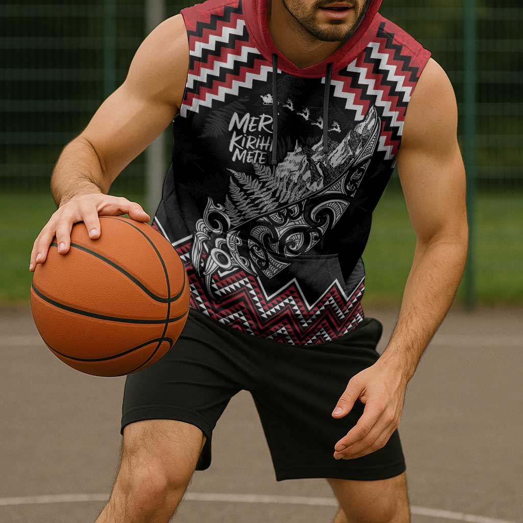 New Zealand Christmas Taniko Poutama Sleeveless Hoodie Mountainscape Maori Fern - Aussie Hoodie