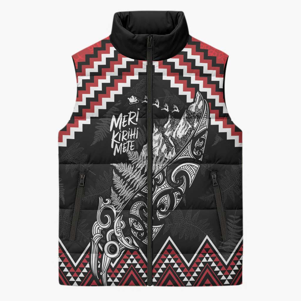 New Zealand Christmas Taniko Poutama Sleeveless Puffer Jacket Mountainscape Maori Fern - Aussie Hoodie