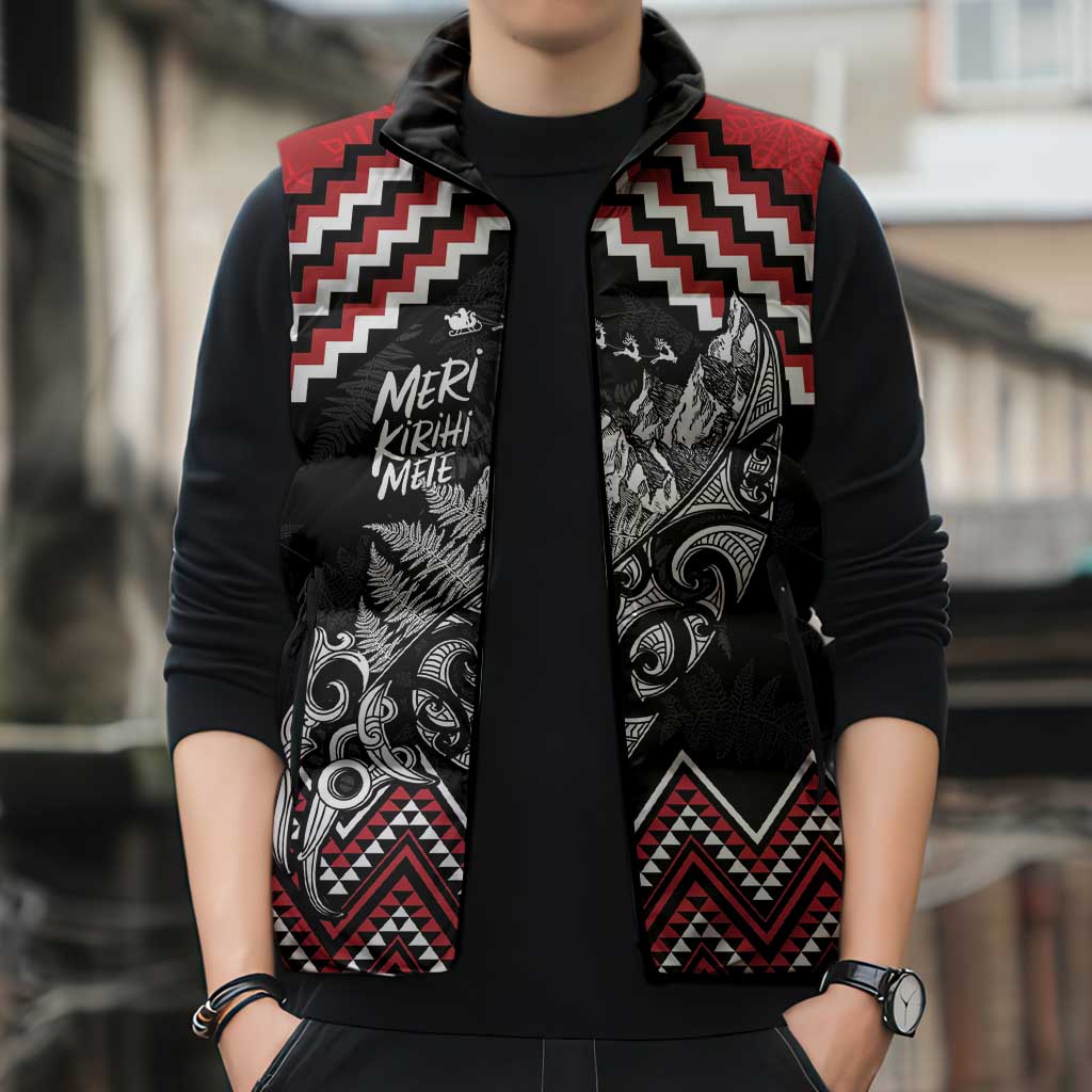 New Zealand Christmas Taniko Poutama Sleeveless Puffer Jacket Mountainscape Maori Fern - Aussie Hoodie