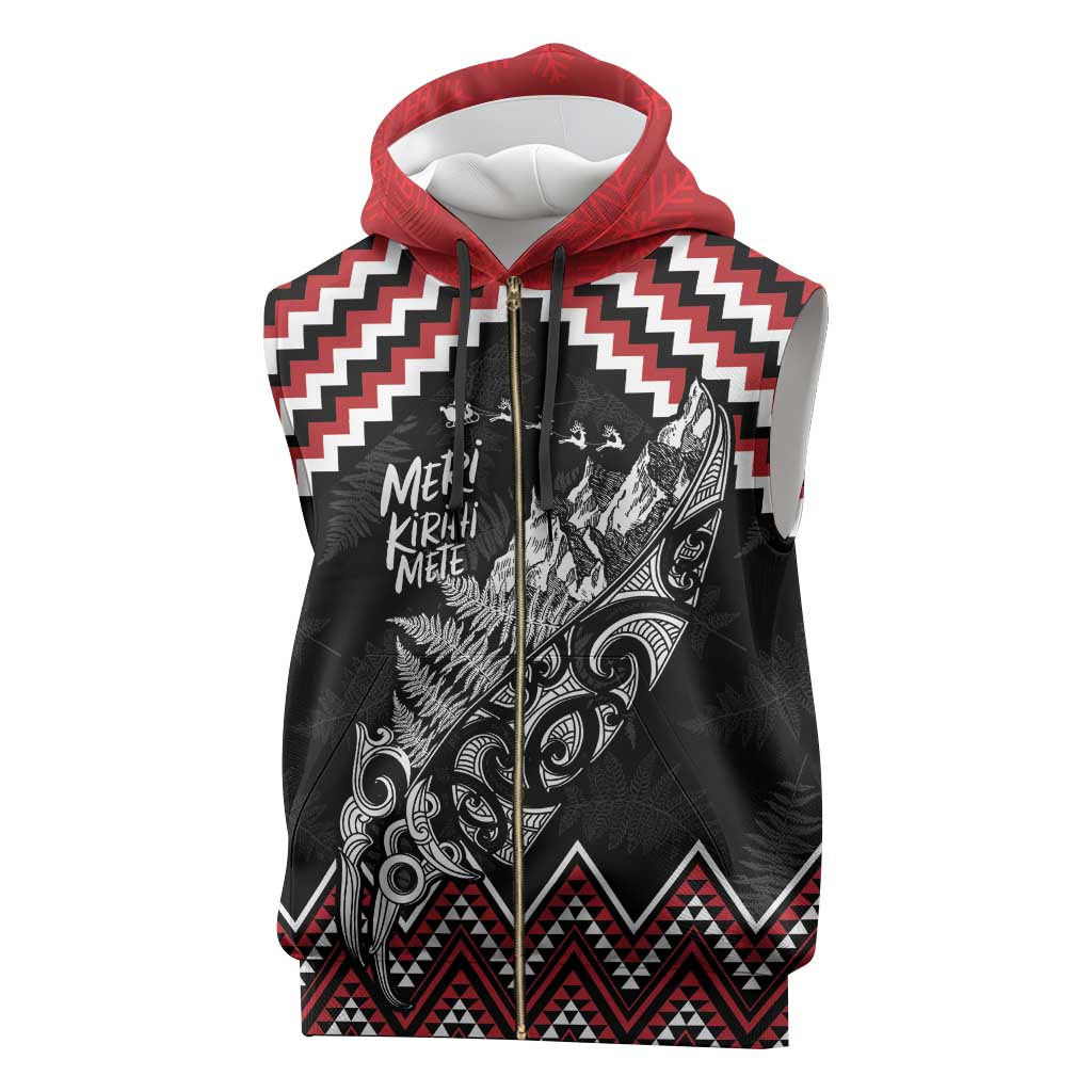New Zealand Christmas Taniko Poutama Sleeveless Zip Hoodie Mountainscape Maori Fern - Aussie Hoodie