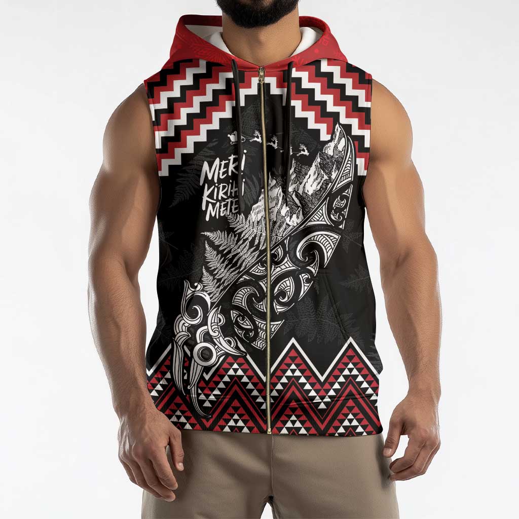 New Zealand Christmas Taniko Poutama Sleeveless Zip Hoodie Mountainscape Maori Fern - Aussie Hoodie