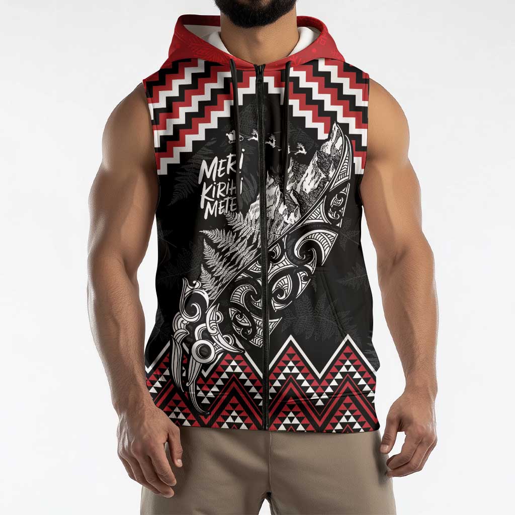 New Zealand Christmas Taniko Poutama Sleeveless Zip Hoodie Mountainscape Maori Fern LT7