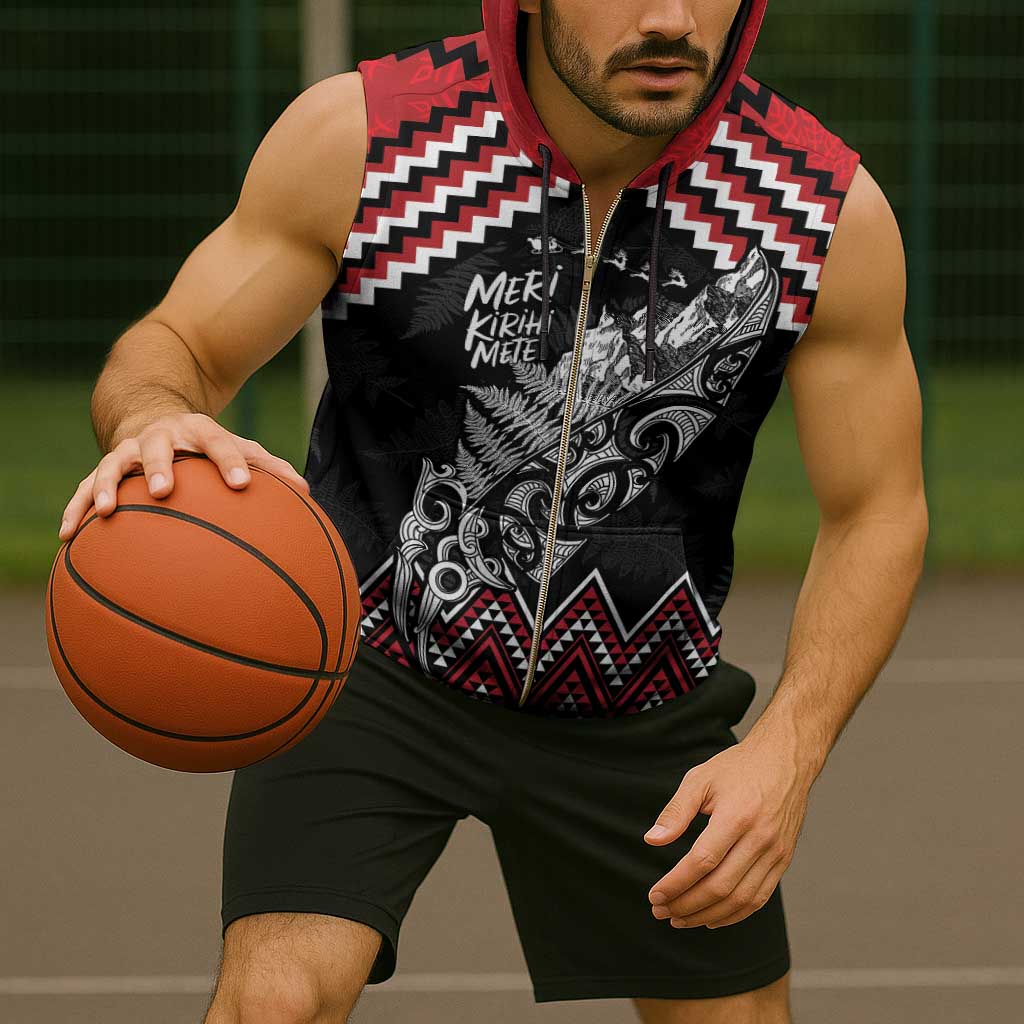 New Zealand Christmas Taniko Poutama Sleeveless Zip Hoodie Mountainscape Maori Fern - Aussie Hoodie