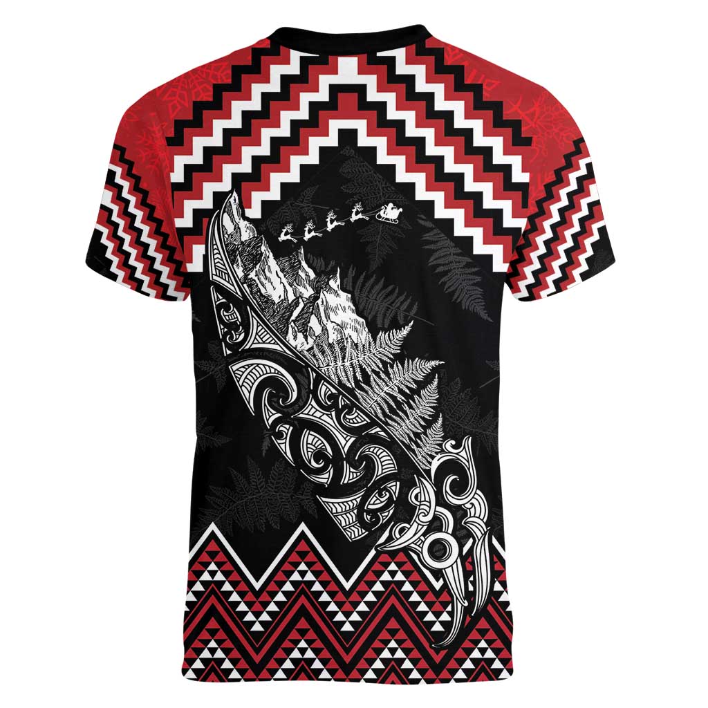 New Zealand Christmas Taniko Poutama Women V-Neck T-Shirt Mountainscape Maori Fern - Aussie Hoodie