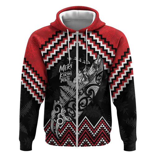 New Zealand Christmas Taniko Poutama Zip Hoodie Mountainscape Maori Fern - Aussie Hoodie