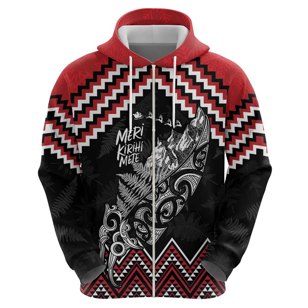 New Zealand Christmas Taniko Poutama Zip Hoodie Mountainscape Maori Fern - Aussie Hoodie