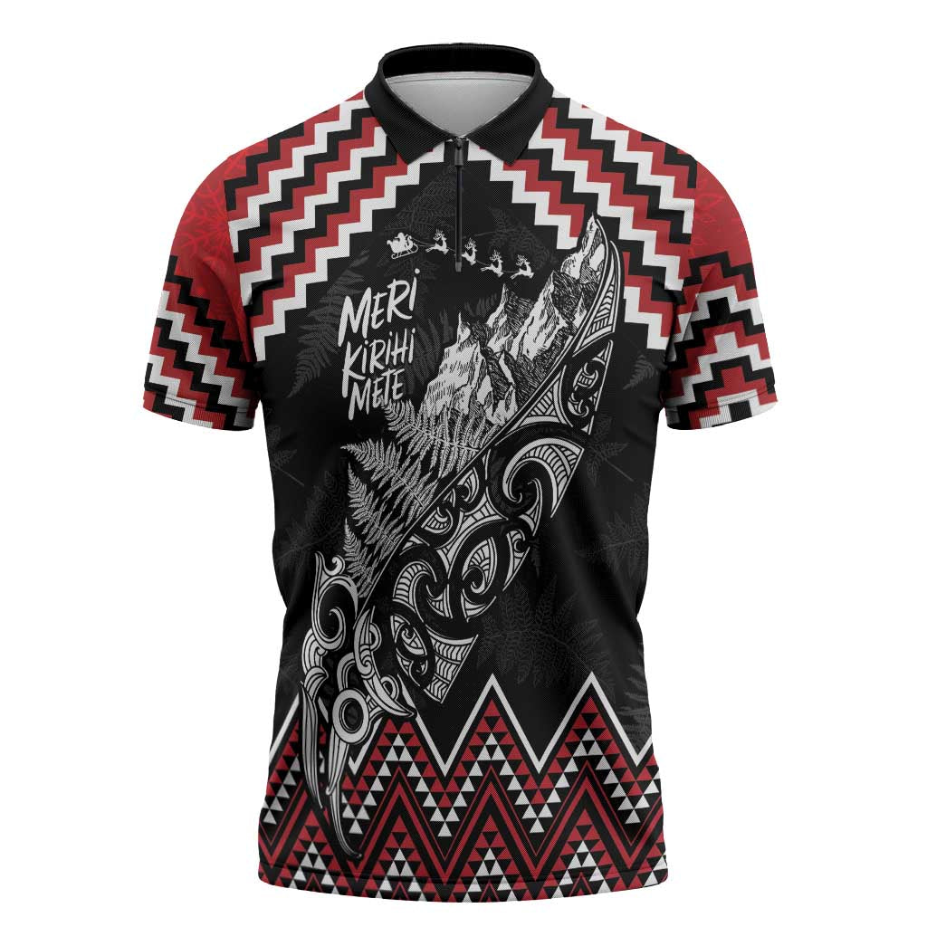 New Zealand Christmas Taniko Poutama Zipper Polo Shirt Mountainscape Maori Fern - Aussie Hoodie