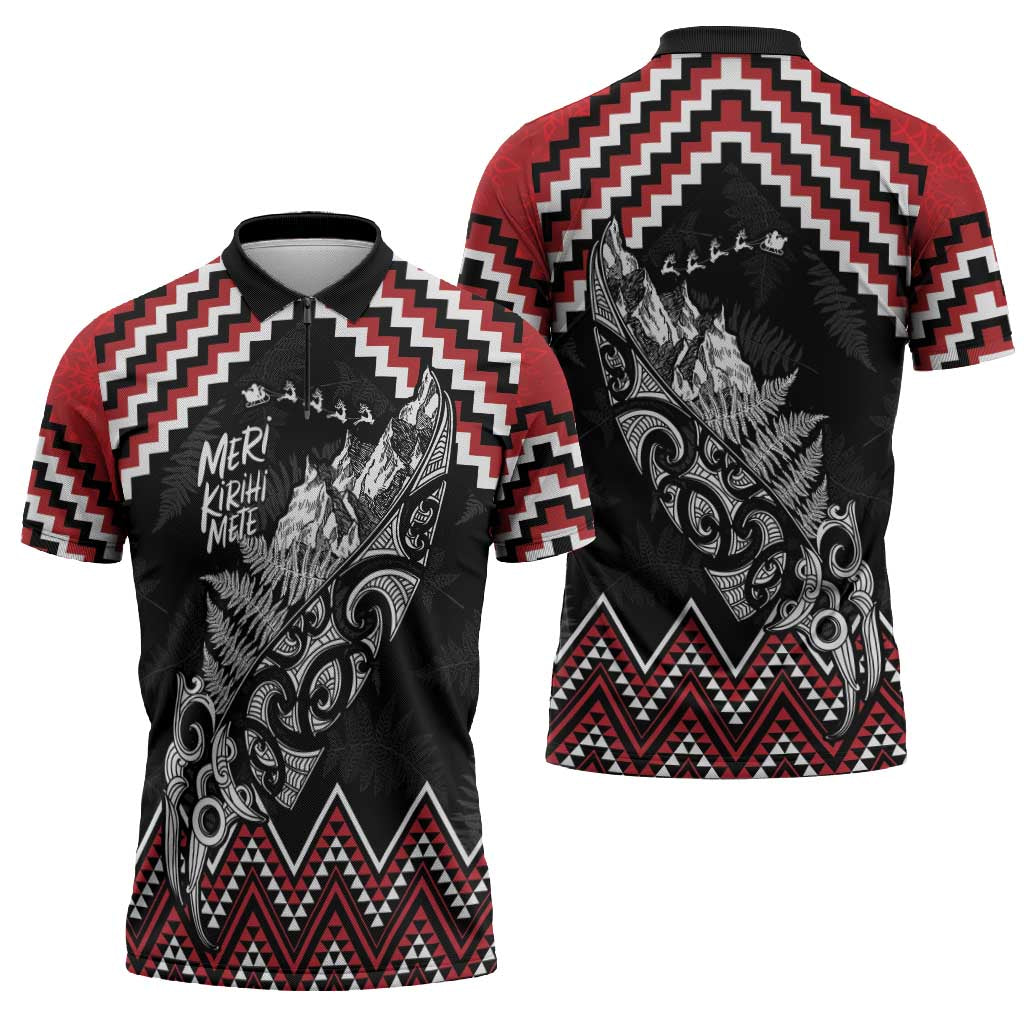 New Zealand Christmas Taniko Poutama Zipper Polo Shirt Mountainscape Maori Fern - Aussie Hoodie
