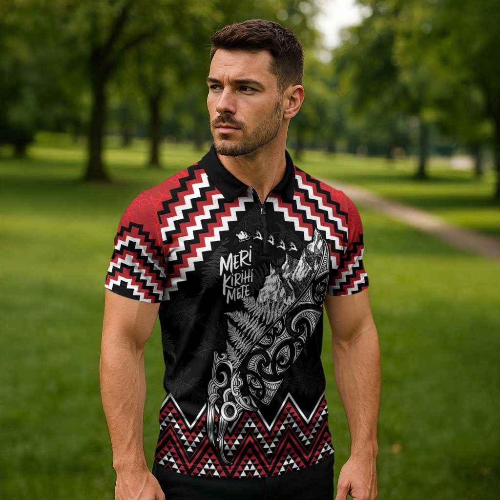 New Zealand Christmas Taniko Poutama Zipper Polo Shirt Mountainscape Maori Fern - Aussie Hoodie