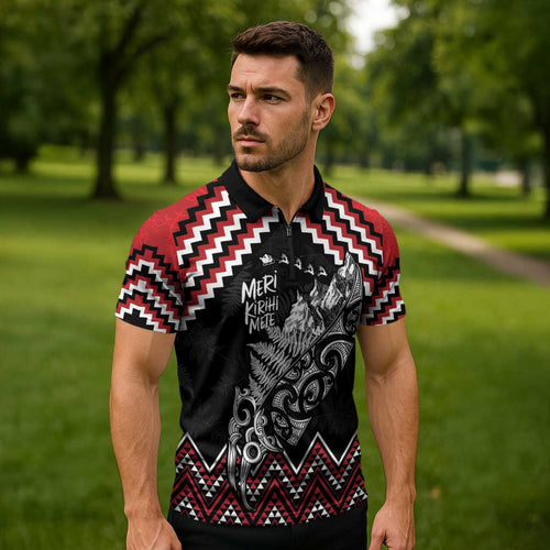 New Zealand Christmas Taniko Poutama Zipper Polo Shirt Mountainscape Maori Fern - Aussie Hoodie