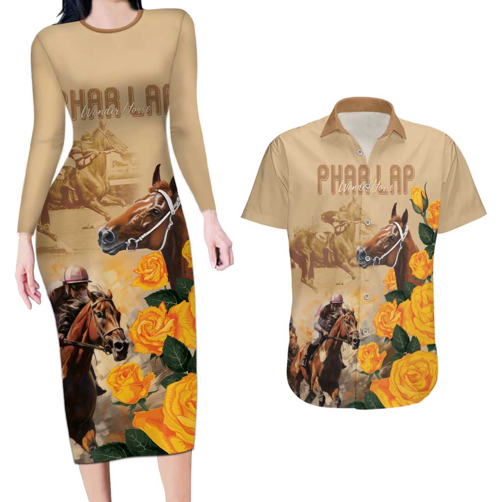 Personalised Melbourne Horse Racing Couples Matching Long Sleeve Bodycon Dress and Hawaiian Shirt Australia Wonder Horse